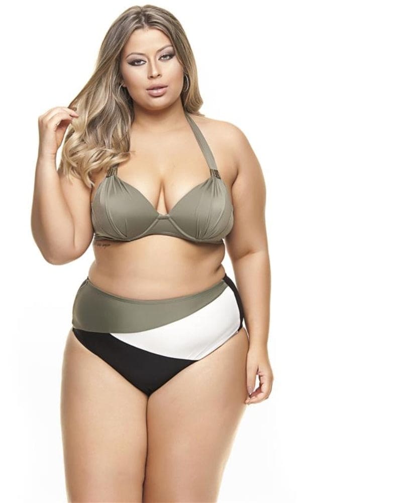 Front of a model wearing a size 26 Bikini Top With Padded Cups And Metal Detailing in Cedar by Lehona. | dia_product_style_image_id:267497